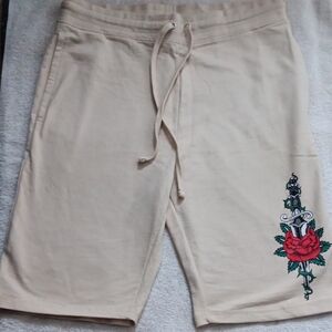 Men's Tan Shorts with Rose Embroidery